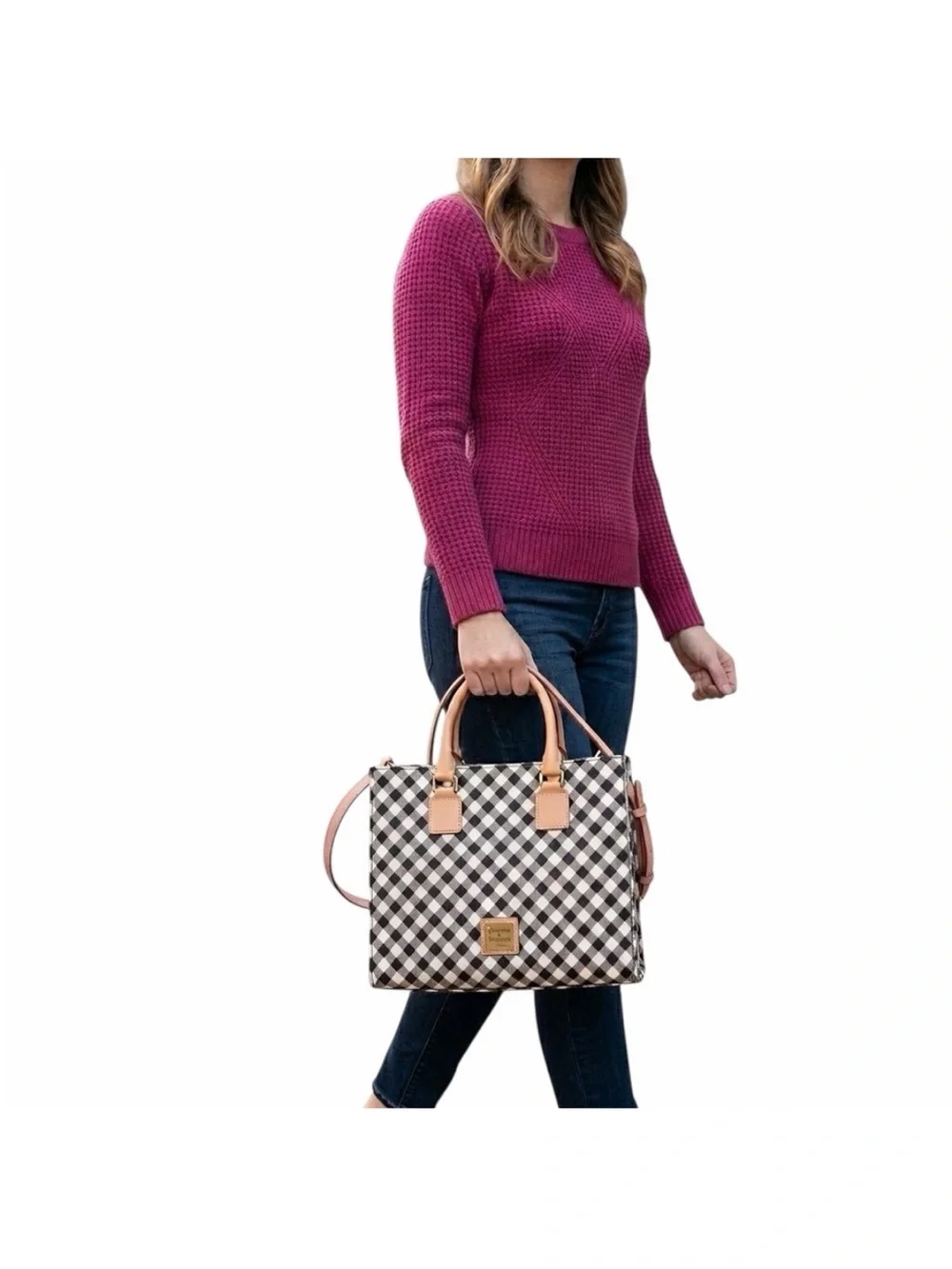 Dooney & Bourke Black and White Gingham Satchel with Tan Trim